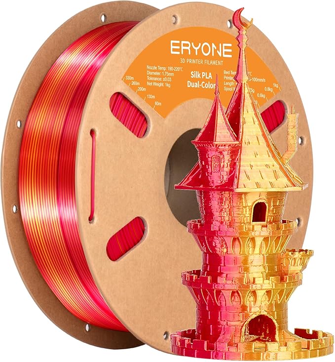 ERYONE Silk Dual Color PLA Filament 3D Printer 1.75mm +/- 0.03mm, Bicolor Filament Two Tone PLA 1KG(2.2lbs) Cardboard Spool, Red Gold by ERYONE