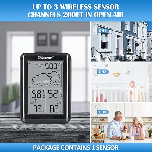 Geevon Indoor Outdoor Thermometer Wireless 200ft/60m, Digital Temperature Humidity Monitor with Large Display, Hygrometer with Weather, 3 Channel, Mold/Dew/Heat, 10s Backlight - Image 5