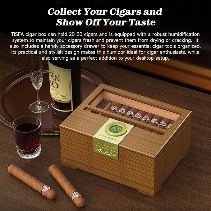 TISFA Cigar Box Handcrafted Humidor with Hygrometer and Humidifier, Cedar Wooden Humidor Case with Drawer, Divider, Cigar Length Gauge, Desktop Humidor Box Gifts Cigar Accessories (Light) - Image 9