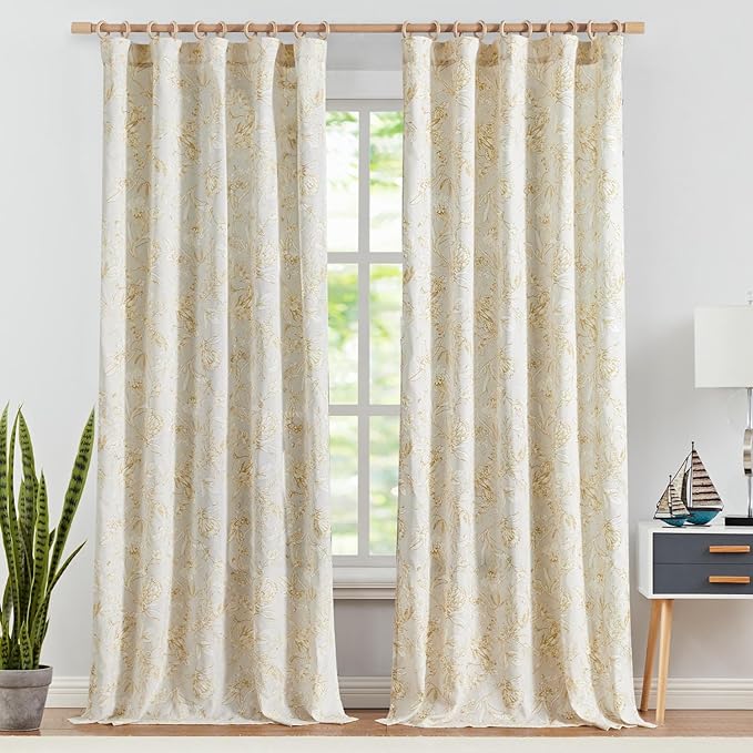 jinchan Floral Curtains 96 Inches Long Mustard Yellow Flower Linen Farmhouse Curtain for Living Room French Country Vintage Curtain Rod Pocket Curtains Set 2 Panels Floral Printed - Image 2