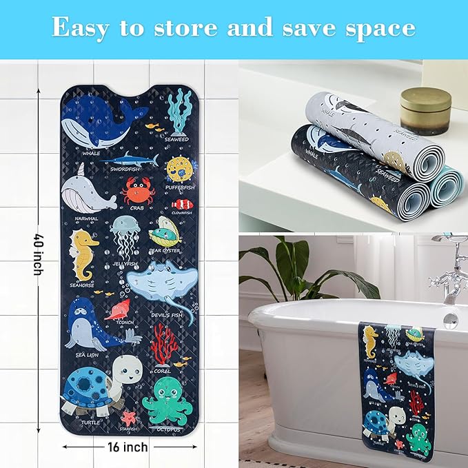 Bath Mat for Tub Non Slip, Machine Washable Anti-Slip Cartoon Baby Bathtub Shower Mat with Drain Holes and Suction Cups for Toddler & Kids, 40 Inch x 16 Inch, Navy Sea Animals - Image 5