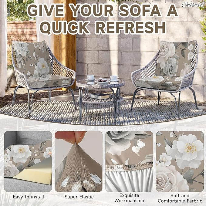 8Pcs Stretch Patio Cushion Cover, Vintage Floral Printed Couch & Sofa Slipcovers for Patio Furniture Cushions Washable Reusable Couch Covers Replacement for All-Season (Cover Only) - Image 3