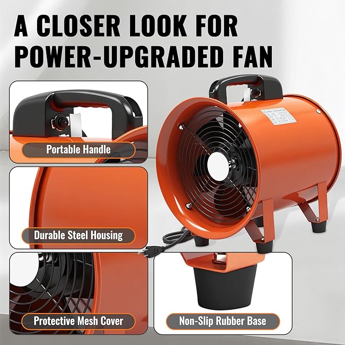 dreamdragon Upgraded 10-Inch Utility Blower Fan，Portable Industrial Exhaust Fan with 16.4ft Flexible Duct Hose，3300 RPM Low-Noise Ventilator for Workshops Warehouses and Basements - Image 4