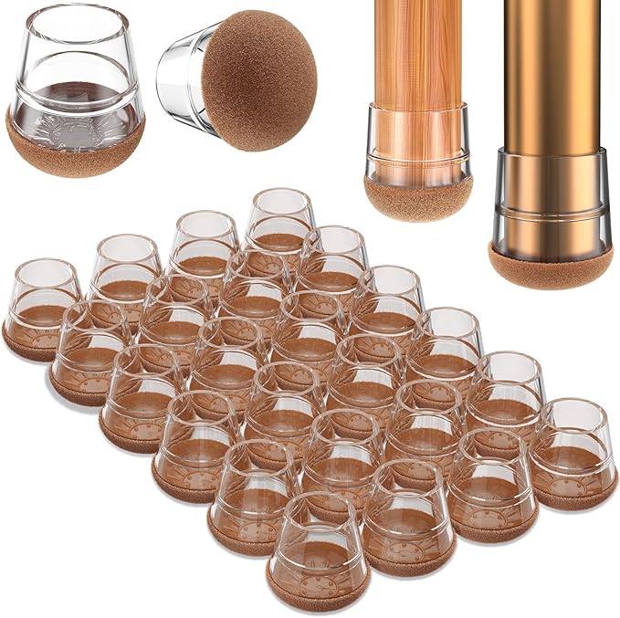 Chair Leg Floor Protectors Small 24Pcs,Silicone Chair Leg Protectors for Hardwood Floors/Tiles,360°Wrapped Felt Bottom to Prevent Scratch and Reduce Noise, Round Clear by YTEACIUL