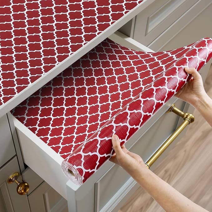 Shelf and Drawer Liner for Kitchen Cabinets Non-Adhesive, Strong Grip Non-Slip Thickened Cabinet Liners for Shelves, Waterproof Mats for Dresser Cupboard, Red/White, 23 in x 30 Feet by Shinlendid