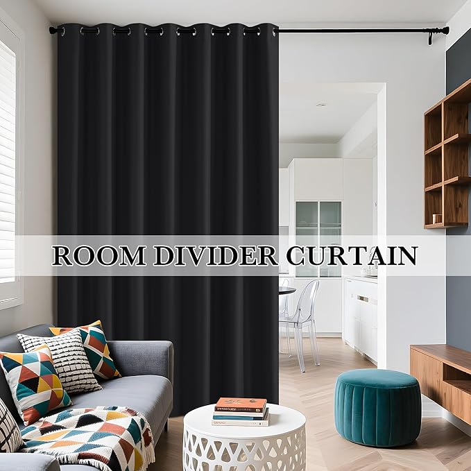 RYB HOME Extra Long 100% Blackout Room Divider Curtains for Bedroom 108 Inch Long, Extra Wide Privacy Sliding Door Blinds for Patio/Living Room/Dining, 1 Panel, W100 x L108, Black - Image 9