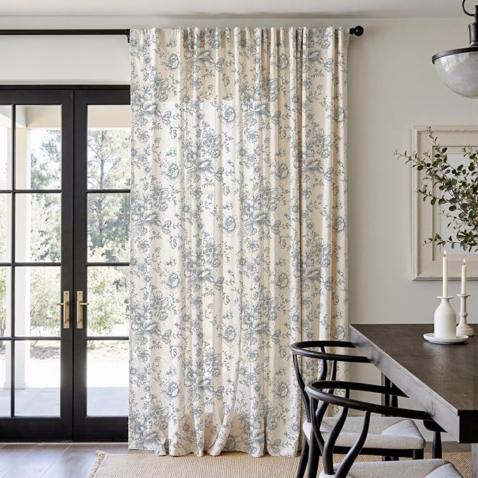 jinchan Linen Floral Curtains 100 Inch Extra Wide for Patio Sliding Glass Door Room Divider Curtain for Living Room 96 Inch Length Farmhouse Peony Blue Printed Curtain Set 1 Panel - Image 2