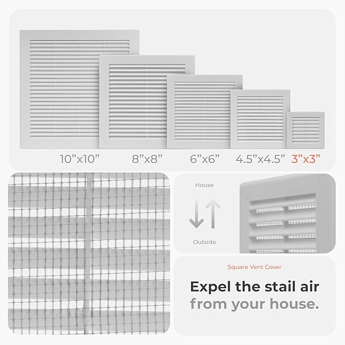 5-Pack 4" x 4" (Outer Size) Square Air Vent Cover – White Plastic Vent Deflector - Screen Mesh, Surface Mount Wall Ceiling – Cold Air Return Soffit Air Vent Cover - Register Indoor Outdoor - Image 3