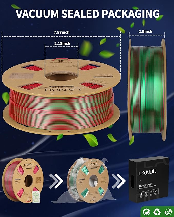 LANDU Silk Dual Color PLA Filament 1.75mm 1KG, 3D Printer Filament Dimensional Accuracy +/- 0.02mm, Coextrusion Filament PLA Shiny Filament Fits for Most FFF 3D Printers,1KG Spool (2.2lbs) Red Green - Image 6