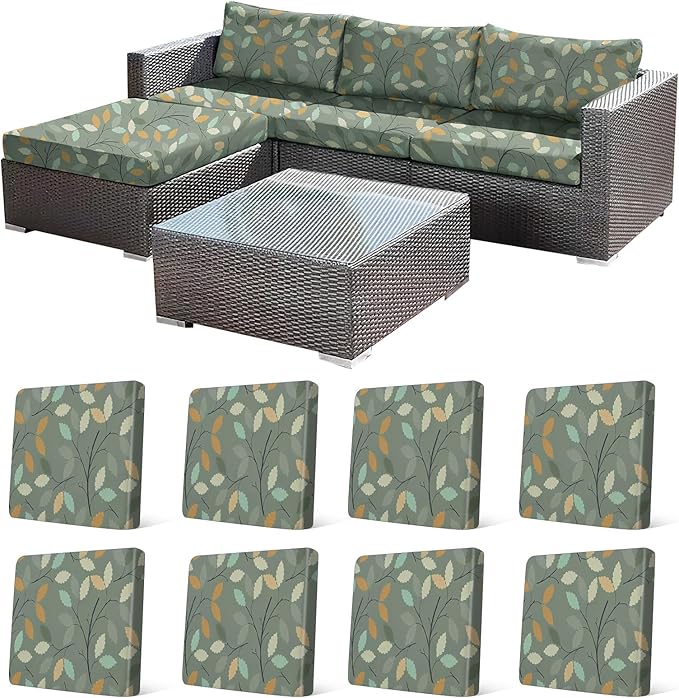 8Pcs Stretch Patio Cushion Cover for Autumn, Couch & Sofa Slipcovers for Patio Furniture Cushions Washable Reusable Couch Covers Replacement Fall Home Decor (Green Leaf Printed, Cover Only) by CALBODE
