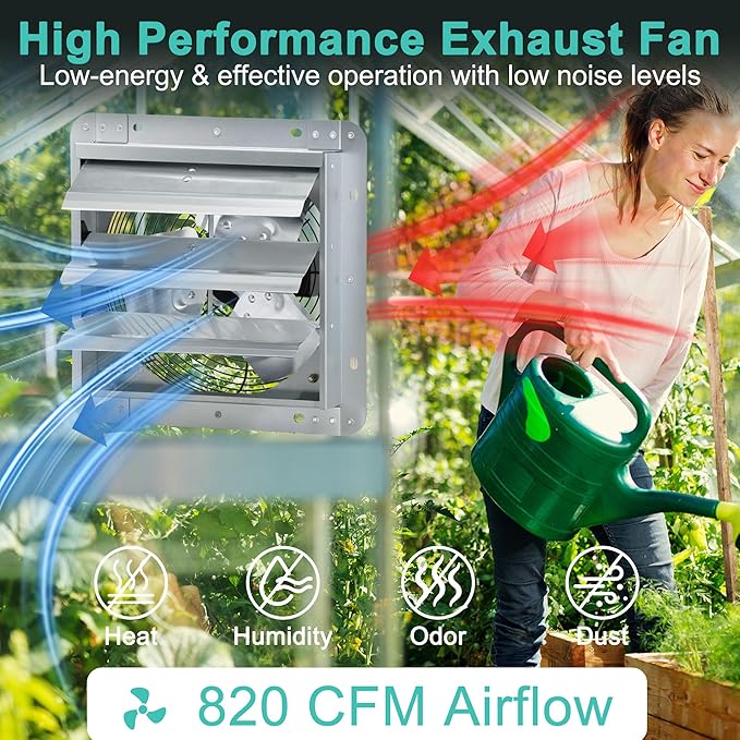 10 Inch Shutter Exhaust Fan, Wall Mount Attic Fan with Thermostat and Speed Controller for Greenhouses, Sheds, Garages, Chicken Coops, Barns Ventilation, 820 CFM - Image 3