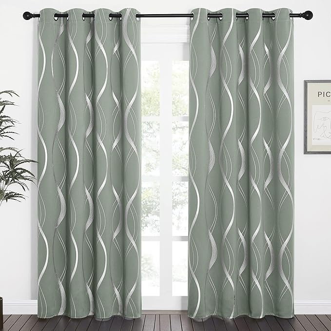 NICETOWN Greyish Green Curtain Panels for Bedroom, 2 Panels, 52 x 84 inch, Thermal Insulated Wave Line Foil Print Design Drapes for Patio Sliding Glass Door Spring Home Decor - Image 9