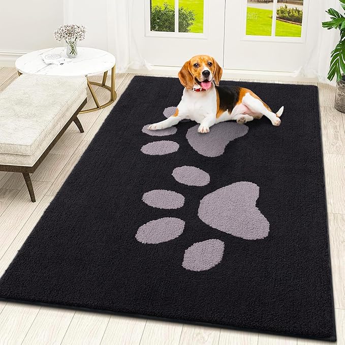 Smiry Dog Door Mat for Muddy Paws, Absorbs Moisture and Dirt, Low-Profile Entryway Mat with Non-Slip Backing, Entry Indoor Outdoor Doormat for Inside Floor (48x32 Inches, Black and Grey, Paw) by Smiry