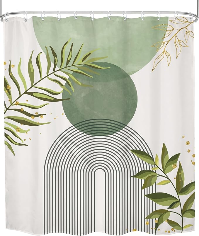 Sage Green Boho Shower Curtain 60Wx72H Modern Bohemian Abstract Leaves Olive Dark Green Mid Century Plant Bathroom Decor Minimalist Geometric Arch Bath Curtain Fabric Polyester 12 Pack Hooks - Image 8