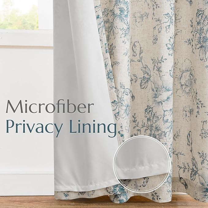 jinchan Lined Linen Blend Curtain Floral Curtains for Living Room 63 Inch Length Blue Peony Flower Printed Curtain Rod Pocket Back Tab Farmhouse Patterned Drapes Bedroom Window Curtains Set 2 Panels - Image 5
