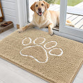 OLANLY Dog Door Mat for Muddy Paws 36x24, Paw Print Design, Absorbs Moisture and Dirt, Absorbent Non-Slip Washable Doormat, Quick Dry Chenille Mud Mat for Dogs, Entry Indoor Entryway Carpet, Beige by OLANLY