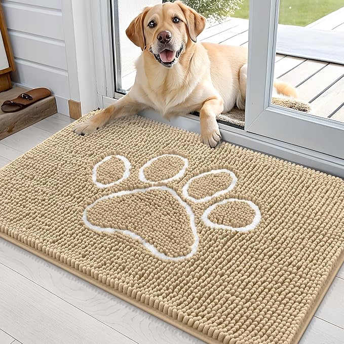 OLANLY Dog Door Mat for Muddy Paws 35x24, Paw Print Design, Absorbs Moisture and Dirt, Absorbent Non-Slip Washable Doormat, Quick Dry Chenille Mud Mat for Dogs, Entry Indoor Entryway Carpet, Beige by OLANLY