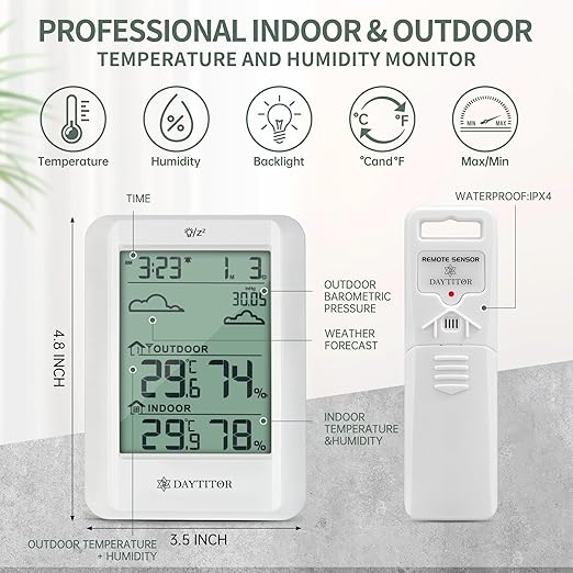 Outdoor Thermometer Weather Stations Wireless High Precision Temperature Humidity Gauge Monitor with 330ft Range Remote Sensor,Wireless Digital Hygrometer,Outdoor Thermometer Waterproof,White - Image 3