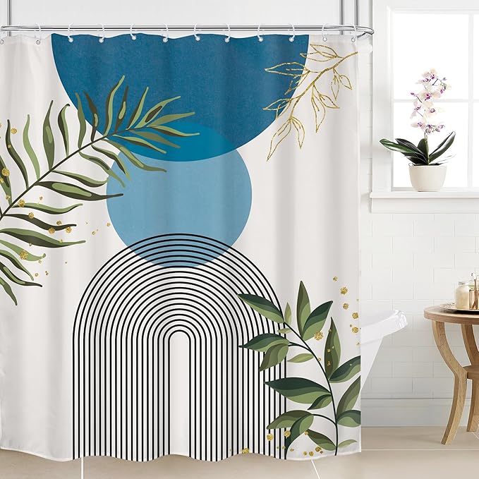 Blue Boho Modern Shower Curtain Mid Century Abstract Gold Green Leaves Sun Arch Minimalist Geometric Aesthetic Plant 60Wx72H Bathroom Decor Neutral Bath Curtain Fabric Polyester 12 Pack Hooks by MitpokBrand