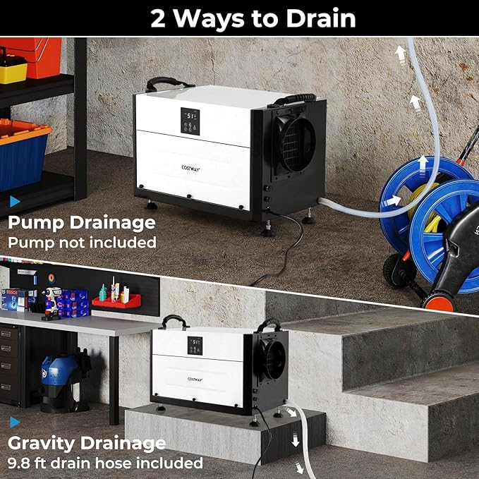 COSTWAY 155 PPD Commercial Dehumidifier, 1900 Sq.Ft Crawl Space Dehumidifier with 9.8 FT Drain Hose & Wired Remote Control Panel, Ideal for Basement, Warehouse (White) - Image 5