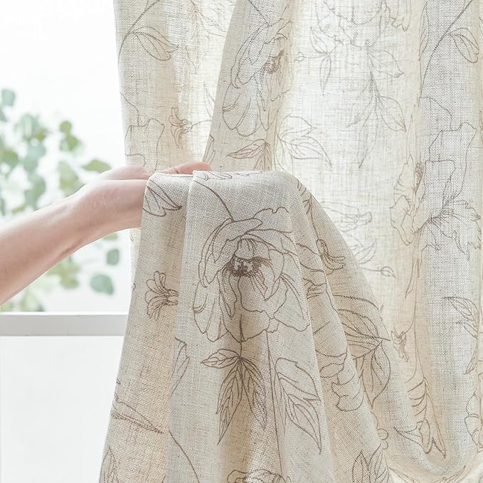 jinchan Floral Linen Curtains for Living Room 96 Inch Length Taupe Flower Curtain Rod Pocket Back Tab Farmhouse Curtains with Printed Floral Bedroom Window Curtain Set, 2 Panels Taupe - Image 5