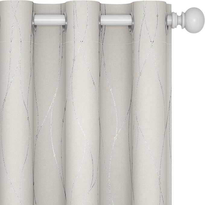 Deconovo Beige Blackout Curtains, Room Darkening Curtain, Thermal Insulated Soundproof Drapes, Silver Wave Dots Print, 38 x 63 Inch, Machine Washable Window Panels for Living Room Bedroom, Set of 2 by Deconovo