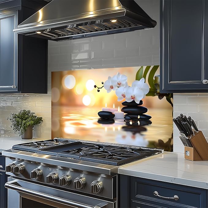NYZE Kitchen Backsplash Stickers Waterproof Stove Backsplash Protector, 30 X 16 inch Removable Kitchen Wallpaper with Wall Art Decor for Stove Cooking Area(Orchid & Stacked Stones) - Image 5