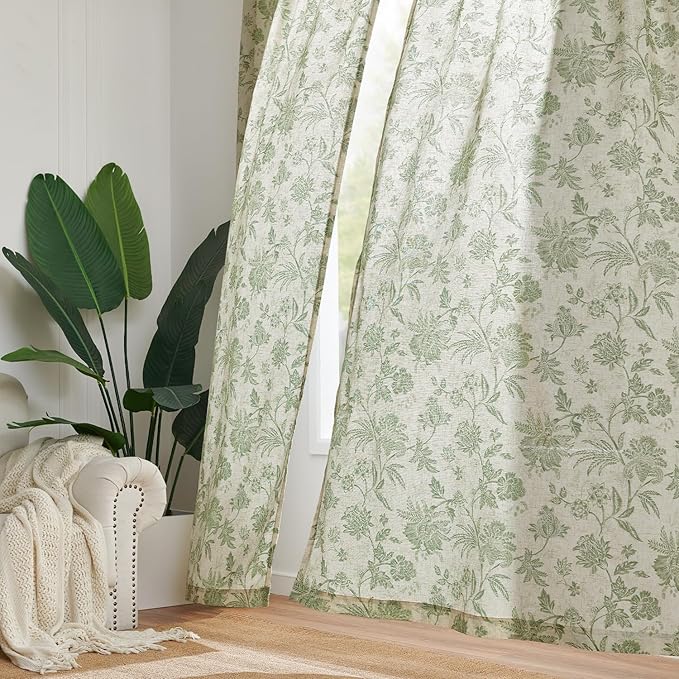 jinchan Linen Floral Curtains for Living Room with Printed Flower 96 Inches Long Light Filtering French Country Back Tab Rod Pocket Sage Green Window Curtain Set Farmhouse Drapes 2 Panels - Image 7