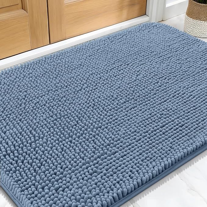 OLANLY Dog Door Mat for Muddy Paws 32x20, Absorbs Moisture and Dirt, Absorbent Non-Slip Washable Doormat, Quick Dry Chenille Mud Mat for Dogs, Entry Indoor Entryway Carpet for Inside Floor, Airy Blue by OLANLY