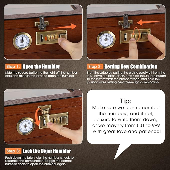 Cigar Humidor, Cedar Wood Humidor Cigar Box, Glass Top Desktop Humidor with Front Hygrometer, Humidifier, Divider, Accessories Drawer and Combination Lock, Cigar Gifts for Men (Brown) - Image 3