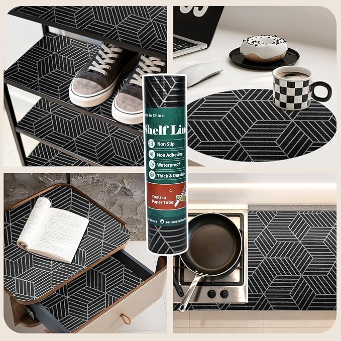Shelf Liners for Kitchen Cabinets 12in x 20FT, Non Adhesive Cabinet Liner Strong Non-Slip Black and Silver Geometric Drawer Liner, Easy to Clean for Shelf, Cabinet with Knife and Tape Measure - Image 9