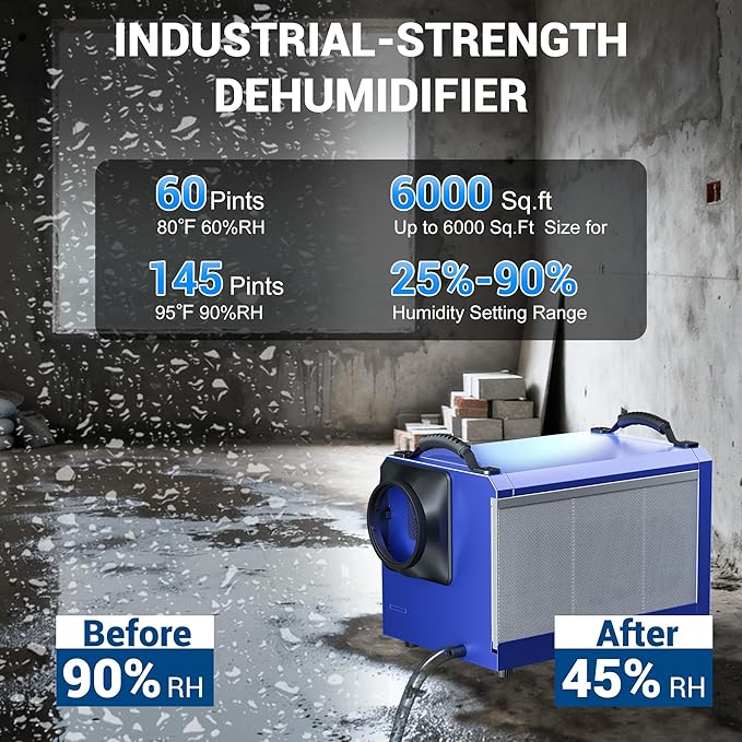 SILVEL 145 Pint Dehumidifier with Drain Hose, Commercial Compact Dehumidifier for Crawl Spaces, Basements, Industry Water Damage Unit, Large Capacity, Portable, Up to 6000 Sq.Ft, Blue - Image 2