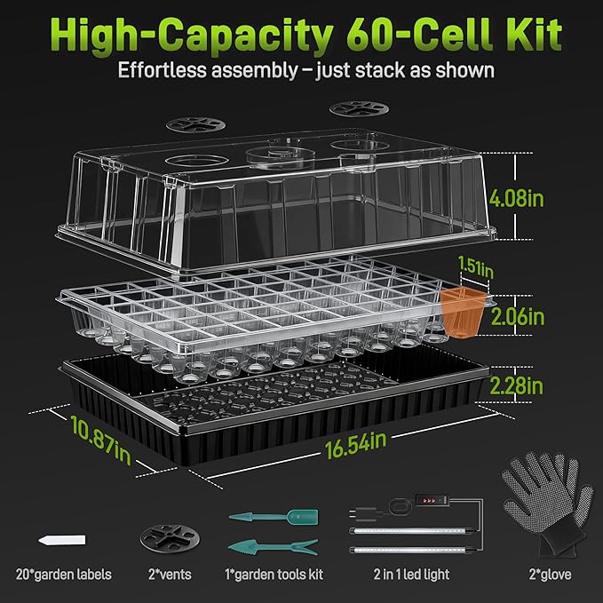 60-Cell Seed Starter Tray with Grow Light, Seedling Starter Trays with 4.08" Humidity Dome, Self-Watering Plant Germination Trays,Seed Starter Kit for Seeds Growing (Black) - Image 2