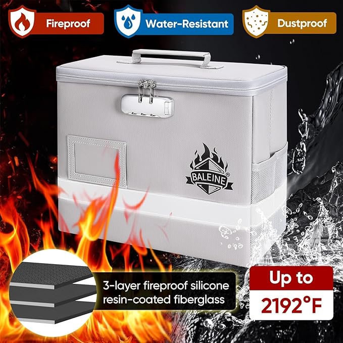 BALEINE Fireproof Document Box with Lock, Portable Fireproof Document Bag Waterproof Fire Proof File Boxes for Documents, File Organizer Box for Important Paperwork (Silver, 12.5''x10.5''x6'') - Image 5