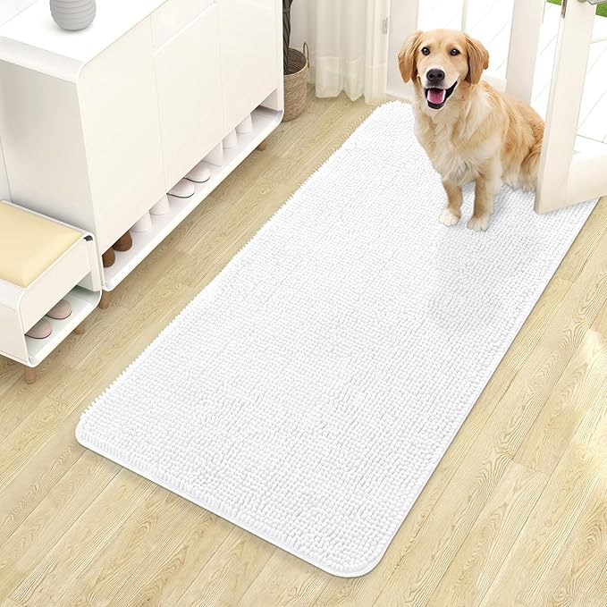 OLANLY Dog Door Mat for Muddy Paws 44x24, Absorbs Moisture and Dirt, Absorbent Non-Slip Washable Doormat, Quick Dry Chenille Mud Mat for Dogs, Entry Indoor Entryway Carpet for Inside Floor, White by OLANLY