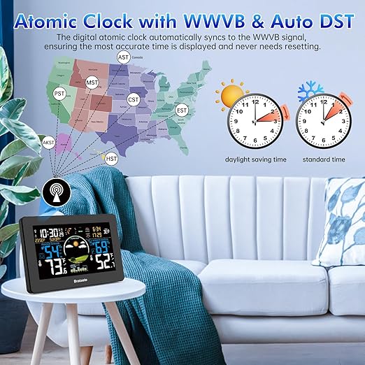 Weather Station Wireless Indoor Outdoor, Digital Thermometer with Remote Sensor, 7.5'' HD VA Display Home Weather Stations, Accurate Temperature Humidity Gauge with Weather Forecast, Atomic Clock - Image 3