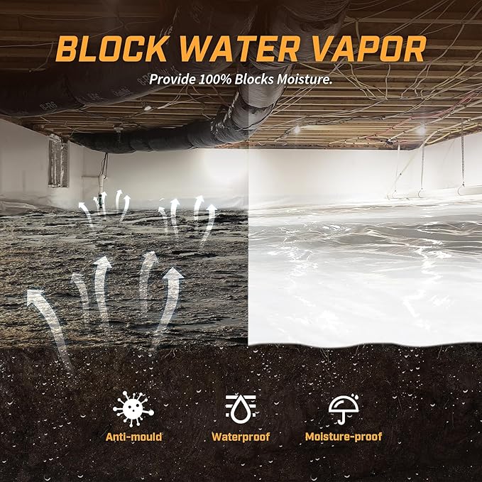 Crawl Space Vapor Barrier, 10mil Film, 10'x25', White Plastic Sheeting - Thick Plastic Sheeting, Heavy Duty Polyethylene Film, Drop Cloth Vapor Barrier Covering for Crawl Space, Garden, Basement - Image 2
