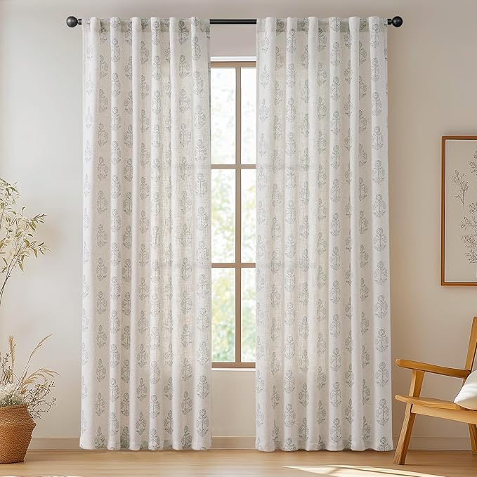 jinchan Linen Floral Curtains for Living Room 84 Inch Length Gray Flower Cottage Core Farmhouse Curtains Rod Pocket Back Tab Boho Semi Sheer Window Drapes Bedroom Set 2 Panels Grey on Beige - Image 2