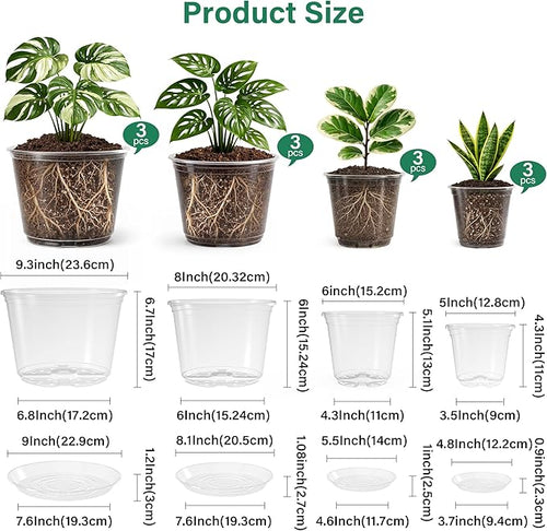 12 Pack 10/8/6/5 Inch Reinforced Large Clear Nursery Pots with Sacuers, Transparent Variety Pack Plastic Plant Pot with Drainage Holes for Vegetable Propagation, Root Cutting, Seed Starting - Image 2