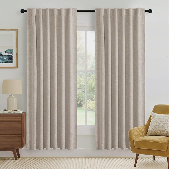RYB HOME Natural Beige 100% Blackout Linen Curtains 72 inch Long, Thermal Insulated & Privacy Assurd Drapes for Bedroom/Office/Nursery, Rod Pocket & Back Tab Window Treatment, W52 X L72, 2 Panels by RYBHOME