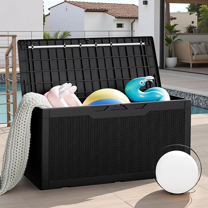JUMMICO 100 Gallon Resin Deck Box, Waterproof Outdoor Storage Box with Lockable Lid for Garden Tools, Patio Cushions (Black) - Image 3
