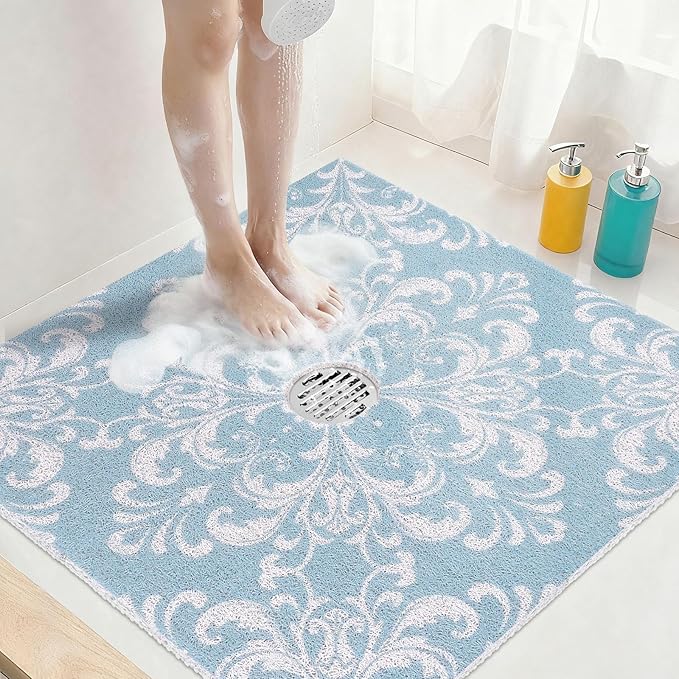 Square Shower Mat Non Slip: 24x24 Inch Extra Large Shower Mats with Drain Hole in Middle -Anti Slip Shower Mats for Inside Shower -Loofah Shower Floor Mat Bath Mat for Shower Stall Bathtub Elderly by KAZOLEN