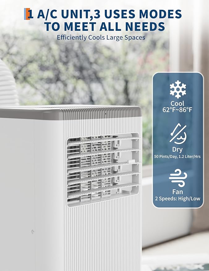 GarveeLife 8000 BTU Portable Air Conditioner – 3-in-1 AC with Dehumidifier & Fan – Remote, 2 Speeds, 24H Timer, Wheels, Window Kit – Cools up to 350 Sq.Ft – Operation Panel Black, US Standard - Image 4