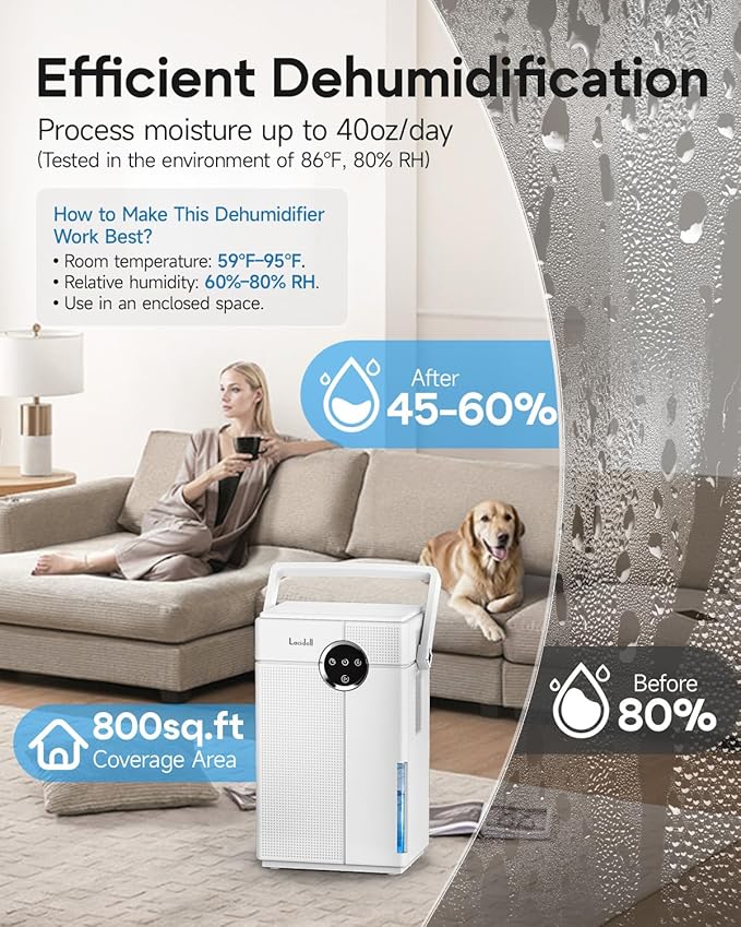 Small Dehumidifier with Drain Hose, 118oz Portable Dehumidifier for RV Camper Bathroom Bedroom Basement Laundry Room, Quiet Dehumidifiers for Home up to 800 sq ft, 7 Colorful Light, White - Image 3