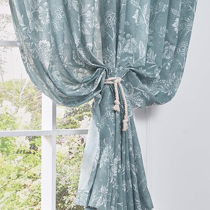 jinchan Linen Floral Curtains for Living Room, 96 Inch Length Curtains with Printed Flower Light Filtering Curtain, Rod Pocket Back Tab Blue Window Treatment Set Bedroom Curtain, 2 Panels Blue - Image 3