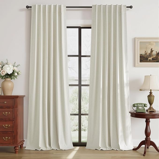 RYB HOME Natural Linen Blended Curtains 84 inch Long 2 Panels Set, 100% Blackout Burlap Look Curtains Drapes, Privacy Window Treatment with White Liner for Living Room Nursery, Natural, W52 x L84 inch by RYBHOME