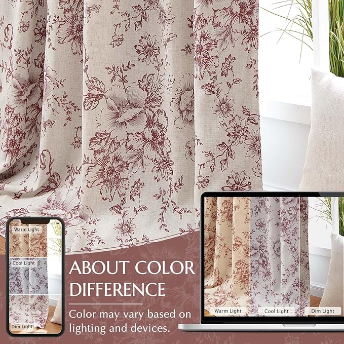 jinchan Blackout Floral Curtains Linen Blend Curtain for Living Room 90 Inch Length Farmhouse Brick Red Flower Printed Drapes for Bedroom Rod Pocket Back Tab Curtains Set 2 Panels - Image 6