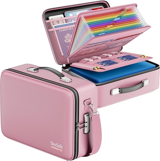 DocSafe Fireproof Document Box with Lock, Hard Case File Organizer with Accordion File Folder, Fireproof Water Resistant Safe Box Home Office Travel Storage for Important Documents Laptop Pink by DocSafe