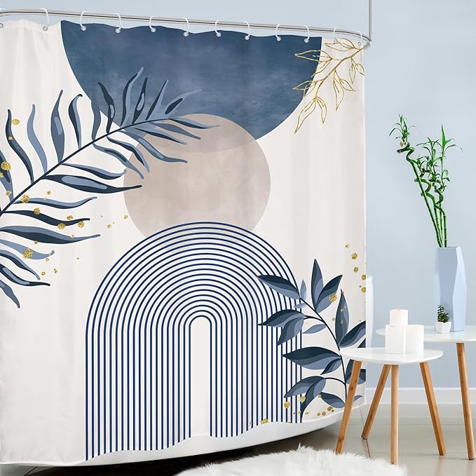 Blue Gray Boho Shower Curtain Dusty Blue Gold Leaves Modern Bohemian Abstract Mid Century Minimalist Grey Plant Bathroom Decor Geometric Arch 60Wx72H Bath Curtain Fabric Polyester 12 Pack Hooks - Image 3