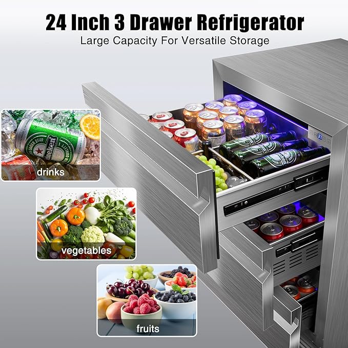 24 Inch Upgraded Three-Drawer Beverage Fridge, Weather Proof Outdoor Stainless Steel Beverage Refrigerator, Under Counter Built-in Beverage Cooler for Home & Commercial Use - Image 7